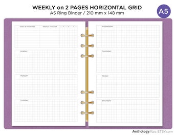 May include: A weekly planner with a horizontal grid layout, designed for an A5 ring binder. The planner is divided into two pages, with the left page featuring a section for tasks and priorities, a weekly tracker, and space for Sunday, Monday, and Tuesday. The right page has space for Wednesday, Thursday, Friday, and Saturday. The planner is printed on white paper with a light purple border.
