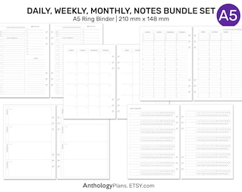 May include: A set of printable A5 planner pages for daily, weekly, monthly, and notes. The pages are designed for a ring binder and measure 8.27 inches by 5.83 inches.