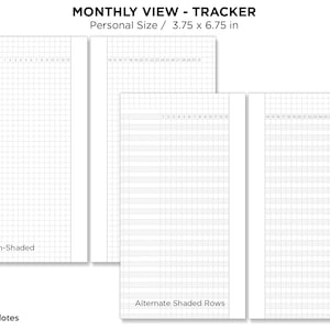 Könnte beinhalten: Drei verschiedene Monats-Planerlayouts für einen Planer im persönlichen Format, mit den Maßen 9,5 cm x 17,1 cm. Das erste Layout ist ein leeres Raster. Das zweite Layout hat abwechselnd schattierte Zeilen. Das dritte Layout ist ein leeres Raster.