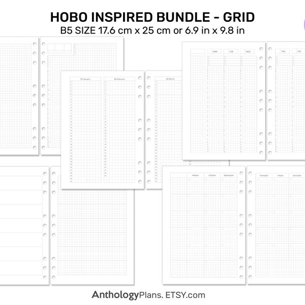 B5 Hobo inspirierter Bundle Grid druckbarer Planner - täglich, wöchentlich, monatlich, jahreszeitlich auf einen Blick