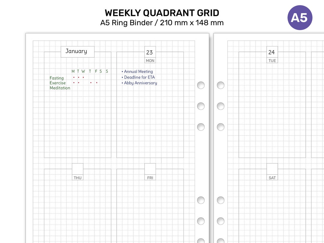 A5 Weekly GRID Quadrant Undated Printable Ring Binder Refill Planner ...