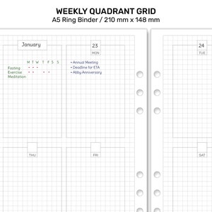 A5 Weekly GRID Quadrant Undated Printable Ring Binder Refill Planner Insert Minimalist Wo2P