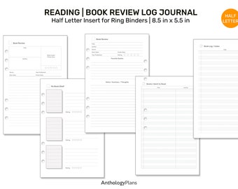 Book Reading LOG Set - Journal Printable Insert for HALF LETTER Planner | Minimalist & Clean | HL22018