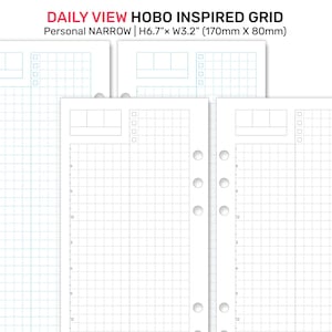 May include: Three printable daily planner pages with a grid layout. The pages are designed for a personal size planner, measuring 6.7 inches by 3.2 inches. The pages are white with a light gray grid and black lines. The top of each page has a space for a date and a list of tasks.