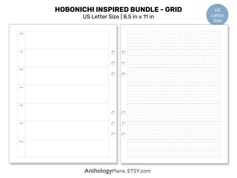 May include: A printable planner page bundle in US Letter size (8.5 x 11 inches). The left page is a weekly planner with space for each day of the week. The right page is a gridded page.