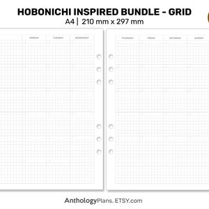 May include: A4 size gridded planner page with a Hobonichi inspired design. The page is divided into seven columns for each day of the week, Monday through Sunday. The page is printed on white paper and has a grid pattern.