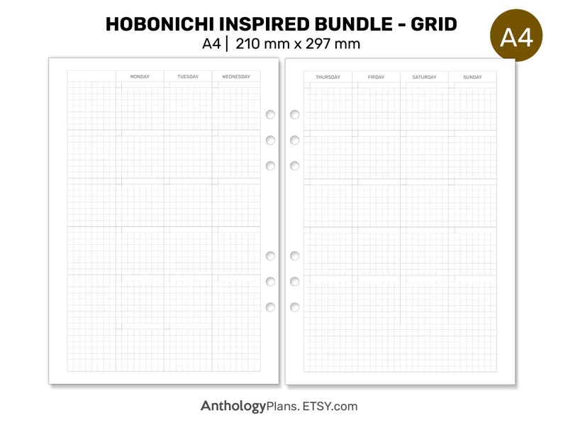 May include: A4 size gridded planner page with a Hobonichi inspired design. The page is divided into seven columns for each day of the week, Monday through Sunday. The page is printed on white paper and has a grid pattern.