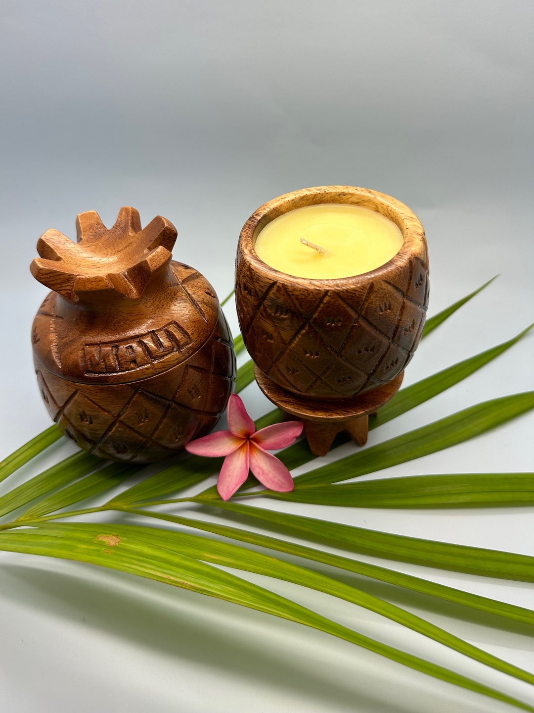 MADE IN MAUI. Plumeria Candle in the Reusable Wooden Pineapple Jar