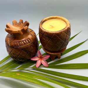 MADE IN MAUI. Plumeria candle in the Reusable Wooden pineapple jar . 100% soy wax . Hawaiian flower . Best selling. Hawaiian candles