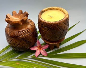 Maui Plumeria Candle: Hand-Carved Monkeypod Pineapple Jar, Soy Wax