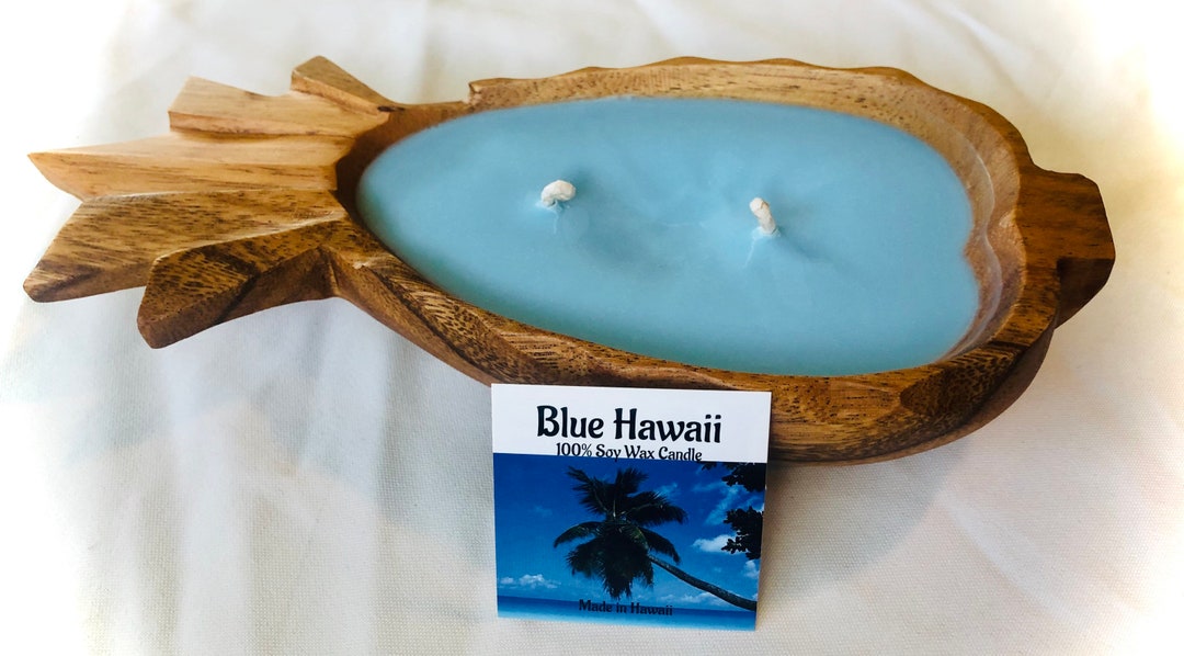 MADE IN MAUI. Blue Hawaii Candle in Reusable Acacia Bowl . Coconut Soy