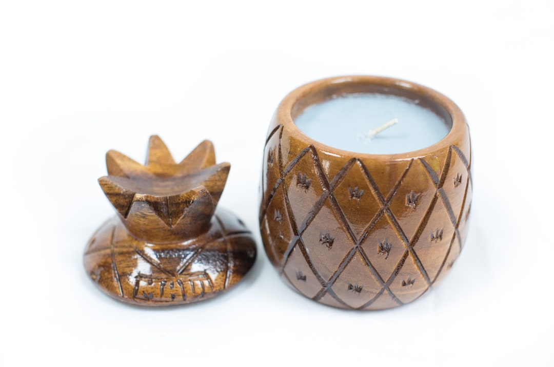 MADE IN Maui.blue Hawaii Candle in Reusable Wooden Pineapple Jar. 100