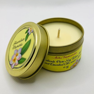 1 Hawaiian Plumeria, Travel-Tin Candle (4 oz), Made in Hawaii, Hand poured , Soy wax , Natural ingredients