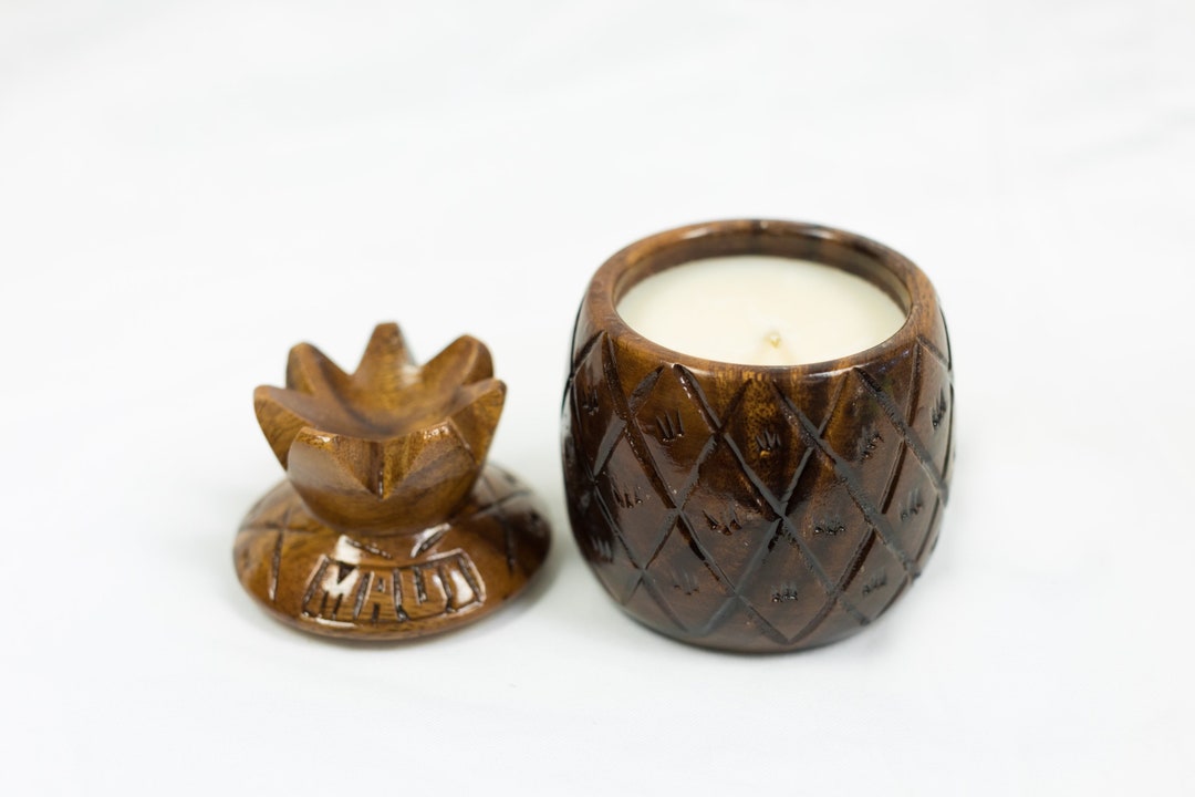MADE IN MAUI. Pikake Candle in the Reusable Wooden Pineapple Jar