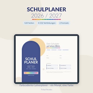 Könnte beinhalten: Ein digitaler Schulplaner für 2026/2027 auf einem Bildschirm. Die Benutzeroberfläche zeigt einen dunkelblauen vertikalen Reiter mit dem Text SCHULPLANER 2026/2027 und einem regenbogenfarbenen Balken. Er enthält Bereiche für Dashboard, Jahresübersicht und Listen.