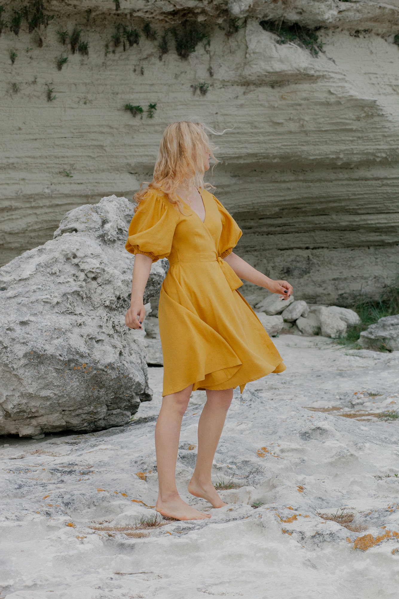 Yellow Linen Dress Ochre Linen Dress Vintage Wrap Dress - Etsy Sweden