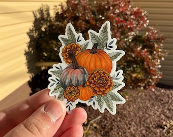 Pumpkins and Marigolds Sticker I Waterproof Vinyl Sticker | Sticker for Laptop & Water Bottle