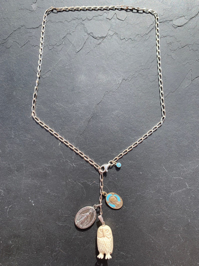 Silver chain Matiasma and vintage owl. old Virgin medals