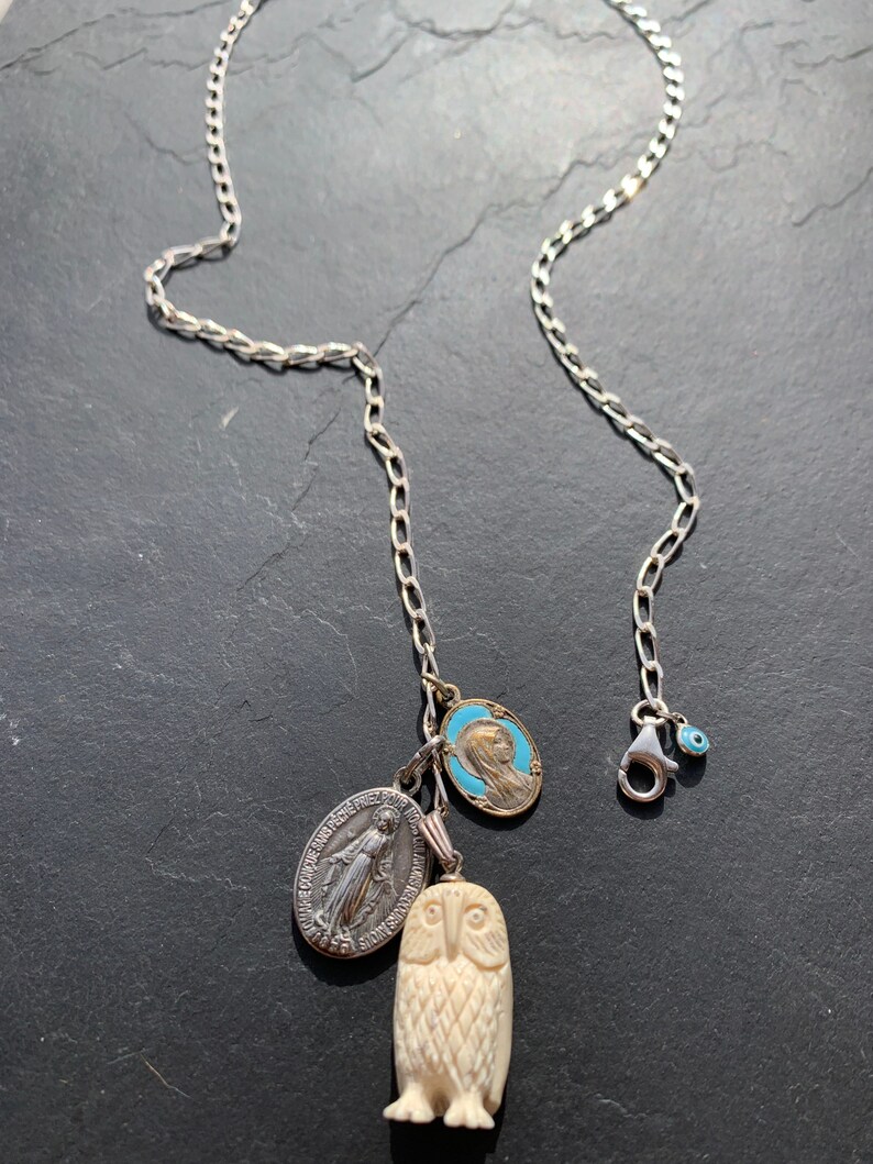 Silver chain Matiasma and vintage owl. old Virgin medals