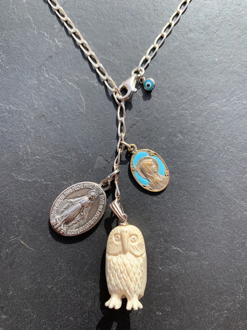 Silver chain Matiasma and vintage owl. old Virgin medals