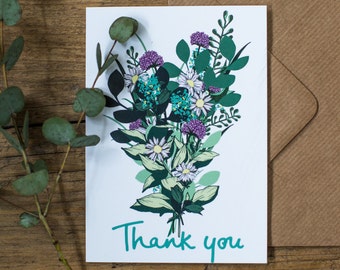 Thank You Card DISCONTINUED | Botanical Thank You Bouquet Illustrated Floral Flowers A6 Greetings Card with Kraft Envelope