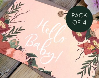 Set of 4 New Baby Cards - Hello Baby! | Botanical Eco Conscious Autumnal Autumn Baby Card Set A6 Greetings Cards with Kraft Envelopes