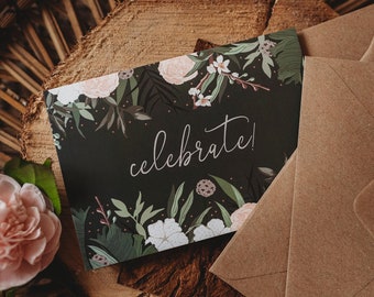 Celebrate! Congratulations Card | Illustrated Floral Botanical Wedding/Anniversary A6 Greetings Card with Kraft Envelope | Blank Inside
