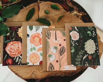 Floral Mini Notecard Set | Illustrated Botanical Pattern Folded A7 Pack of 6 | 2 Designs - Mix & Match | Blank Inside with Kraft Envelopes