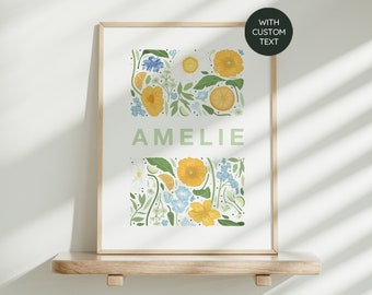 Personalised Name Floral Nursery Print | Yellow Blue Green Botanical Art Print | Newborn Baby Toddler Gift | Custom A3 A4 A5 Print