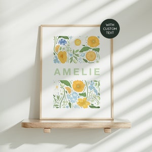 Impresión floral para guardería / Impresión artística botánica personalizada con nombre en amarillo, azul y verde / Regalo para bebé recién nacido / Impresión personalizada en tamaños A3, A4 y A5