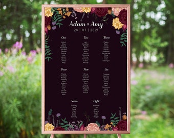 Personalised Wedding Table Plan | Boho Autumnal Flowers Dark Moody Botanical Seating Chart | Juniper