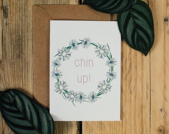 Get Well Soon Daisy Chain Card DISCONTINUED | Chin up! Botanical Floral Illustrated Greetings Card with Kraft Envelope | Blank Inside