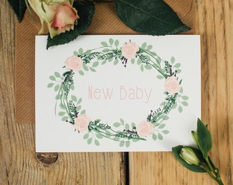 New Baby Card DISCONTINUED | Botanical New Arrival Congratulations Floral Illustrated A6 Greetings Card with Kraft Envelope