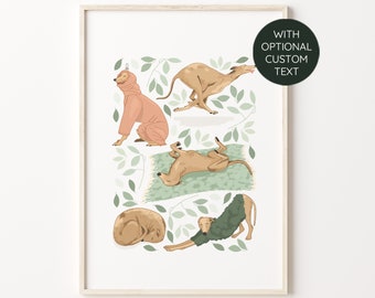 Lurcher Personalised Dog Print, Greyhound / Sighthound | Illustrated Botanical Tan Dog and Peach/Green | Custom Dog Art Print