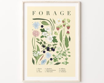 Foraging Woodland Spring Summer Print | FORAGE | Berries Wild Garlic Herbs Botanical A4/A3 Digital Art Print