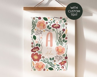 Personalised Alphabet Nursery Print | Peach Pink Maroon Botanical Floral Print | Newborn Baby Toddler Occasion Gift | Custom A3 A4 A5 Print