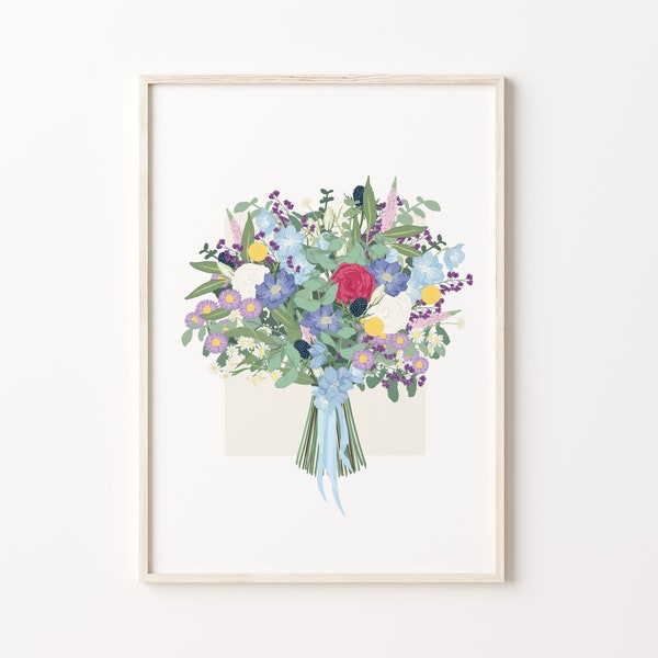 Custom Bespoke Bridal Bouquet Illustration | Wedding Gift | Personalised Wedding Flowers A3 A4 Portrait Print
