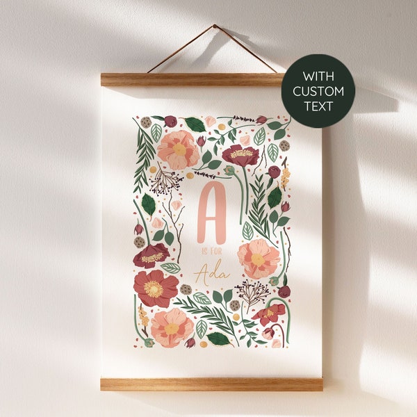 Personalised Alphabet Nursery Print | Peach Pink Maroon Botanical Floral Print | Newborn Baby Toddler Occasion Gift | Custom A3 A4 A5 Print