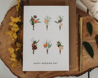 Minimalist Wedding Card | Illustrated Buttonhole Floral Botanical Greetings Wedding A6 Greetings Card with Kraft Envelope | Blank Inside