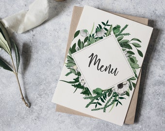 Botanical Greenery Wedding Menu | Individual & Personalised | A5 | Foliage Green and White | OLIVE BRANCH