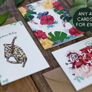 Mix Match Floral Cards Set of 4 4 Botanical Cards of your Choice Eco Conscious Card Pack A6 Greetings Cards with Kraft Envelopes image 1