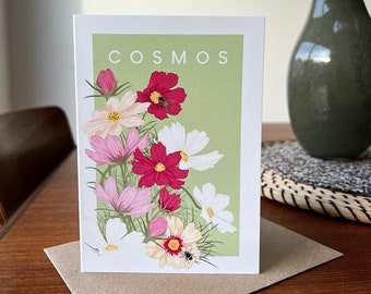 Cosmos Everyday Greeting Card | Summer Flowers Botanical RHS Nature Floral Print A6 Greeting Card with Kraft Envelope | Blank Inside