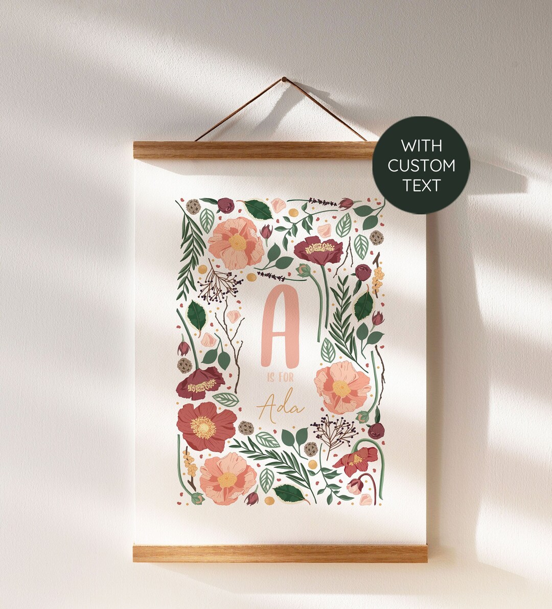 Floral Alphabet Nursery Print | Personalised Pink Botanical Wildflower ...
