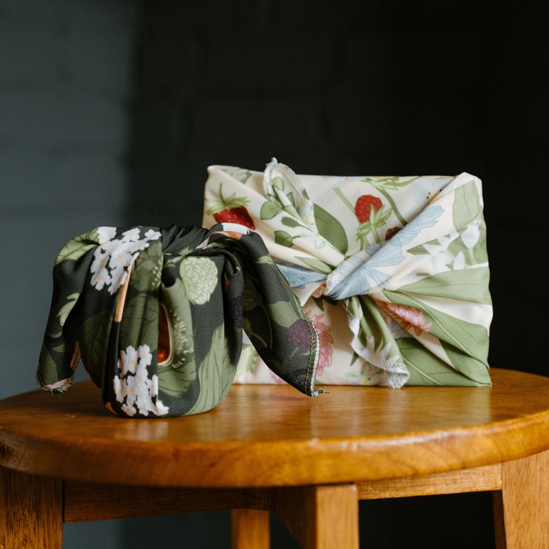 Furoshiki Botanical Foraging Fabric Gift Wrap Set of 2 Mushroom Leaves Berries Autumn Winter Luxury Wrapping image 1