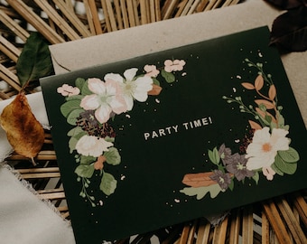 Party Time! Botanical Card | Autumnal Floral Forest Green A6 Greeting Card with Kraft Envelope | Blank Inside