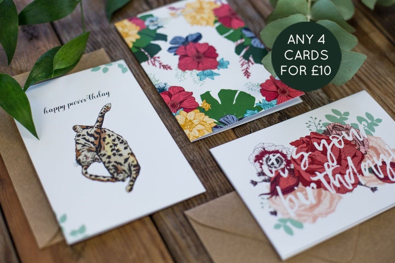 Mix Match Floral Cards Set of 4 4 Botanical Cards of your Choice Eco Conscious Card Pack A6 Greetings Cards with Kraft Envelopes image 1
