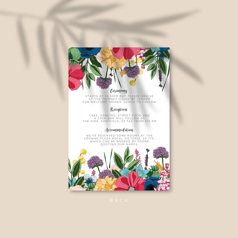 Bright Wild Flowers Boho Wedding Invitations Wild Meadow Botanical Floral Invite Suite Stationery With Save the Date & Envelope Liner image 2