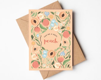 You're A Real Peach Card | Fruity Floral Everyday Love Greetings Card | With Recycled Kraft Envelope | Blank Inside