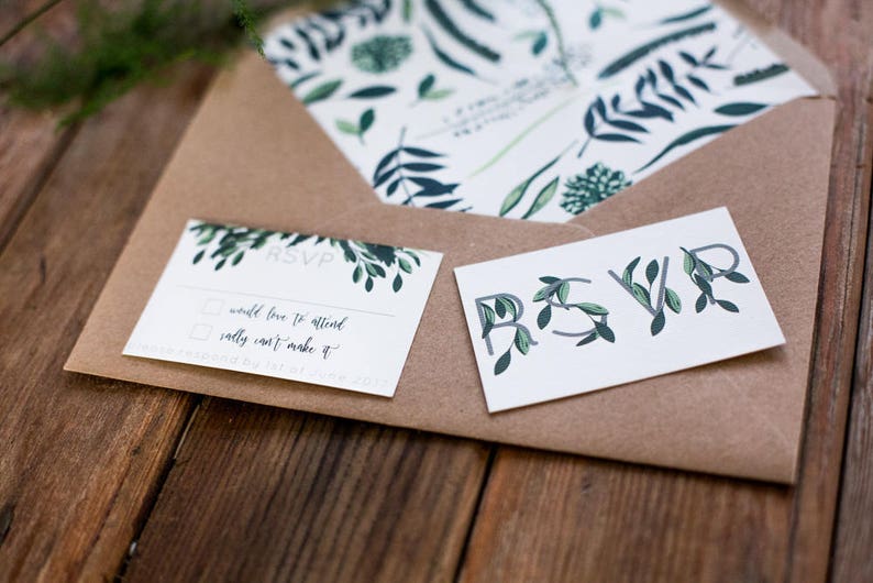 Botanical Greenery Wedding Invitations Rustic Kraft Wedding Invitation Suite Invite Set Sample Pack Featured on Rock my Wedding image 4