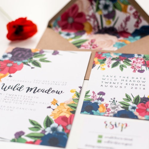 Bright Wild Flowers Boho Wedding Invitations Botanical Etsy